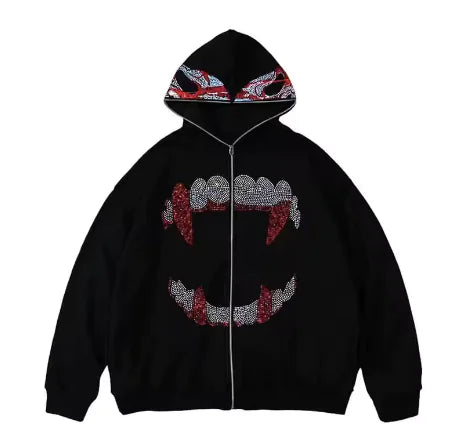 Punk Y2K Gothic Rhinestone Zip Up Hoodie Sweatshirt