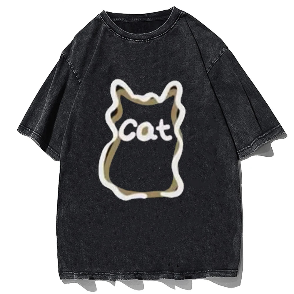Vintage Washed Y2K Cartoon Cat T-Shirt for Summer