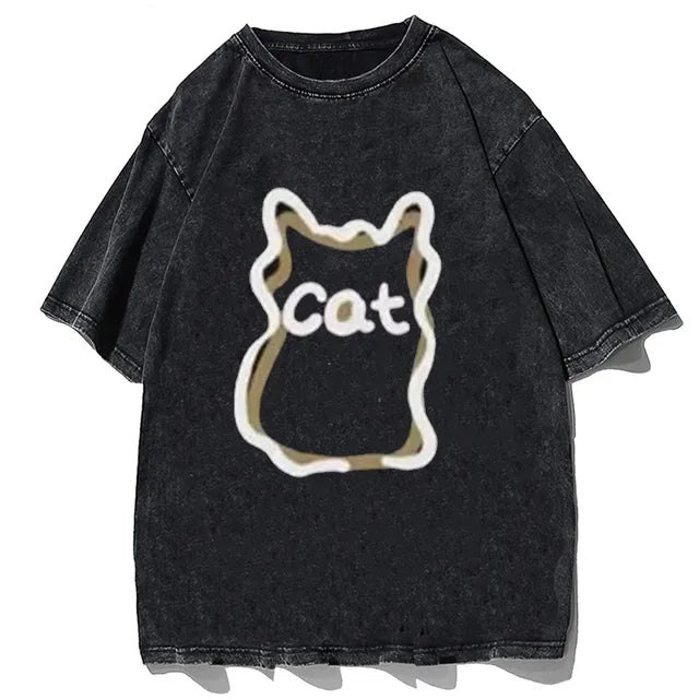 Vintage Washed Y2K Cartoon Cat T-Shirt for Summer