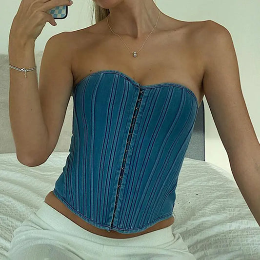 Street Style Denim Corset Top - Vintage Y2K Crop Tee